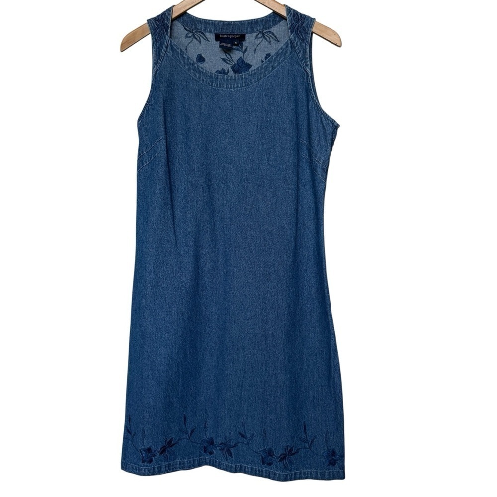 VINTAGE! 90’s Y2K Boston Proper Women's 10 Blue Denim Floral Embroidered Dress